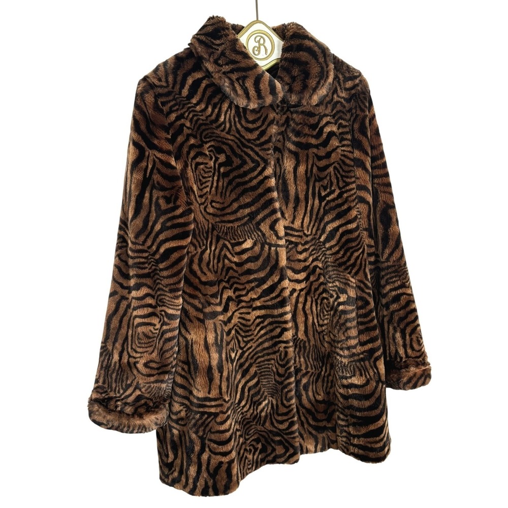 Vintage Pamela McCoy Faux Fur Coat SMALL Brown Tiger Animal Print Glam Mob Wife